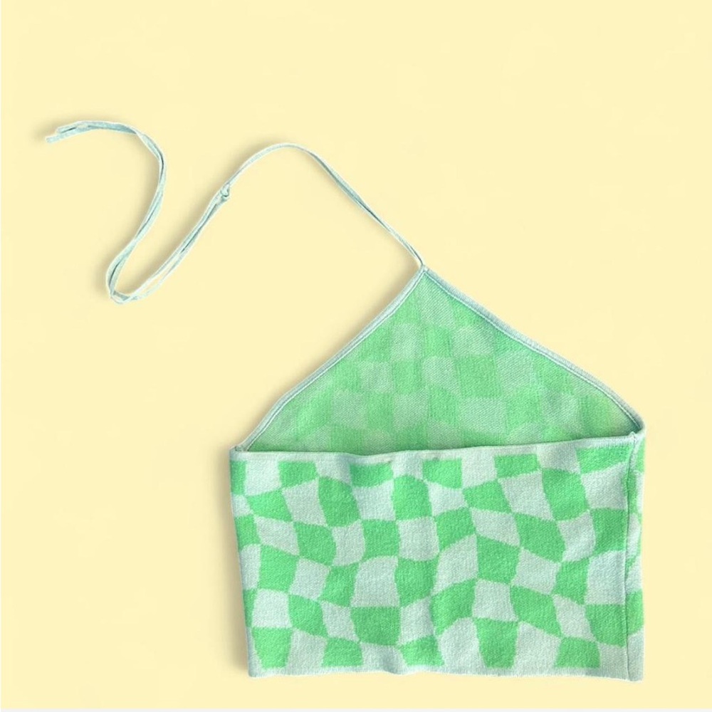 Green Checkered Halter Top Medium - image 2